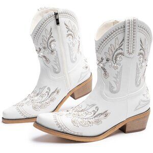 Women White Cowgirl with Sparkly Embroidered Rhinestone Short Western Ankle Boot